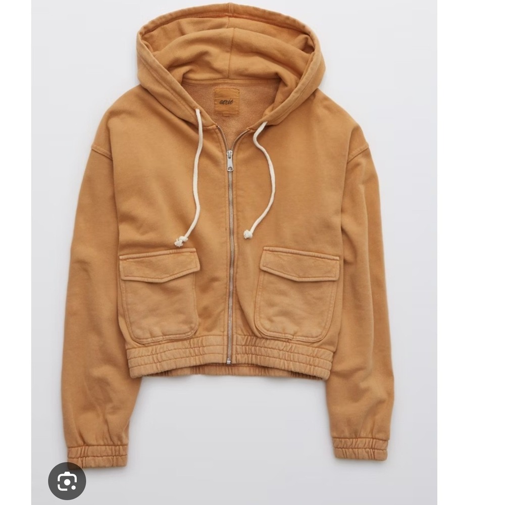 Aerie Women XL Tan Cropped Full Zip Hoodie Utility Pocket Sweatshirt